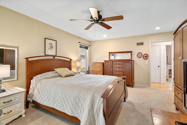 56668 145th Ave, West Concord, MN 55985 - bedroom featuring light colored carpet, ceiling fan, and recessed lighting
