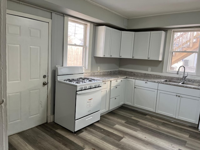 1026 Fremont Ave, Saint Paul, MN 55106 - kitchen with white gas range, ornamental molding, white cabinetry, dark wood finished floors, and light countertops