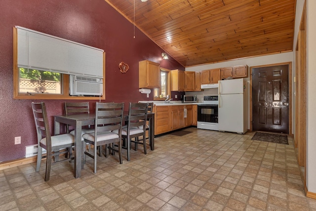 302 3rd Ave N, Bowlus, MN 56314 - kitchen with range with electric stovetop, freestanding refrigerator, wood ceiling, stainless steel microwave, and under cabinet range hood