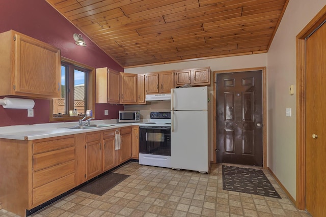302 3rd Ave N, Bowlus, MN 56314 - kitchen with white appliances, lofted ceiling, wooden ceiling, under cabinet range hood, and light countertops
