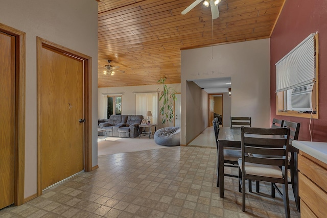 302 3rd Ave N, Bowlus, MN 56314 - dining room featuring ceiling fan, wooden ceiling, plenty of natural light, vaulted ceiling, and cooling unit