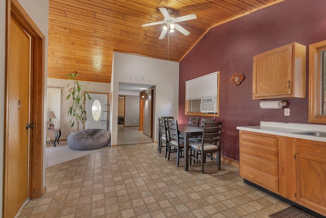 302 3rd Ave N, Bowlus, MN 56314 - dining area featuring wooden ceiling, ceiling fan, light floors, and high vaulted ceiling