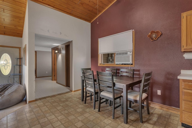 302 3rd Ave N, Bowlus, MN 56314 - dining room with wooden ceiling, light flooring, cooling unit, and high vaulted ceiling