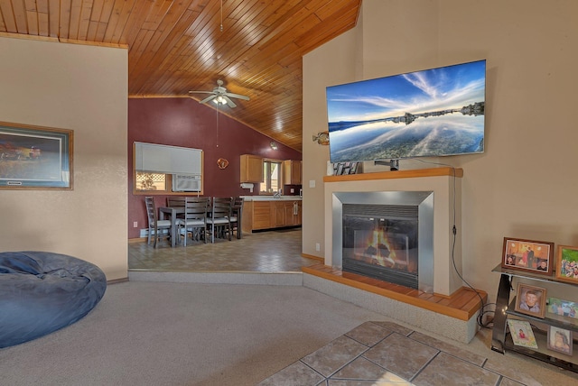 302 3rd Ave N, Bowlus, MN 56314 - carpeted living room with lofted ceiling, a glass covered fireplace, wooden ceiling, ceiling fan, and cooling unit