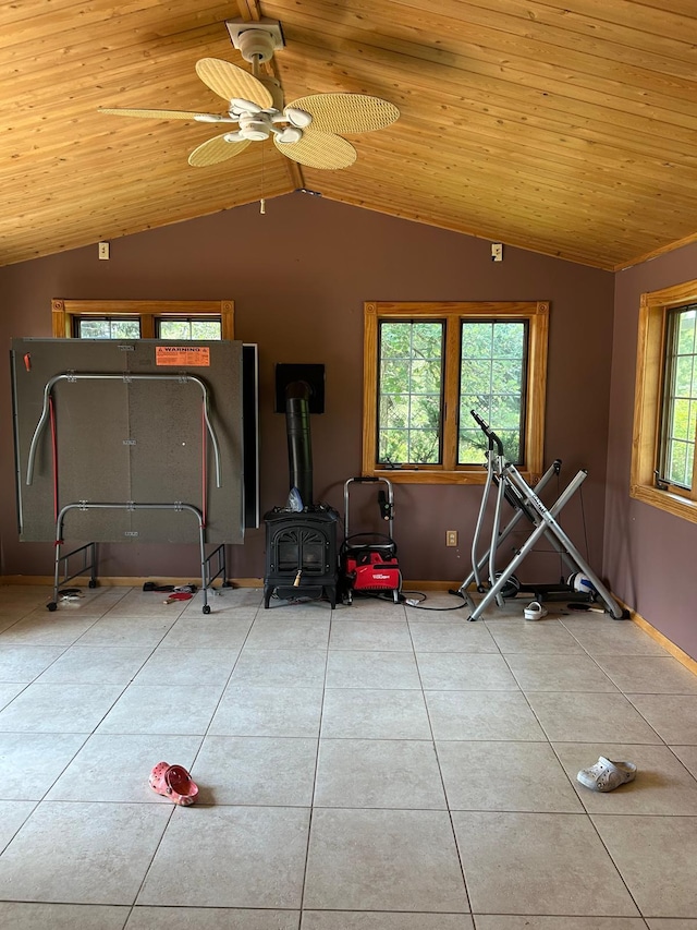 3324 131st Ln NW, Coon Rapids, MN 55448 - game room featuring lofted ceiling, wooden ceiling, a wood stove, tile patterned floors, and ceiling fan