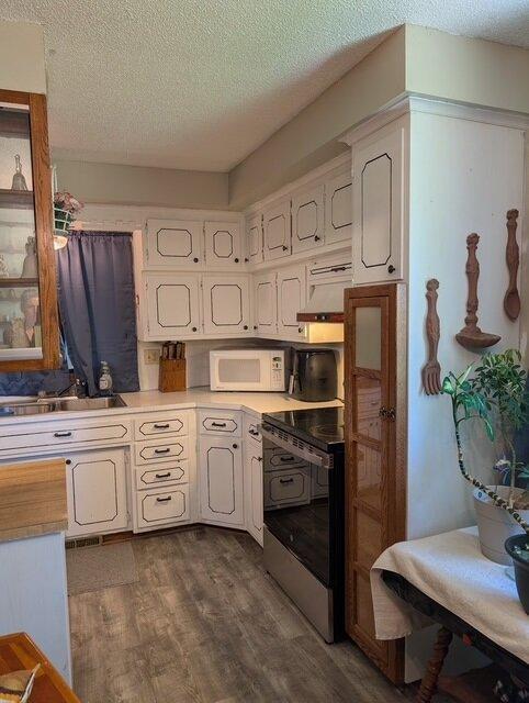 670 23rd Ave NE, Sauk Rapids, MN 56379 - kitchen featuring stainless steel electric stove, white microwave, a textured ceiling, dark wood-style floors, and light countertops