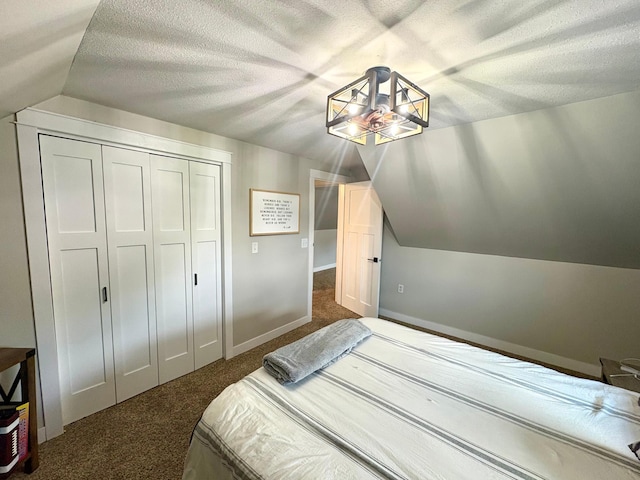 2812 150th St, Maxwell Twp, MN 56232 - bedroom featuring lofted ceiling, dark carpet, a textured ceiling, and a closet