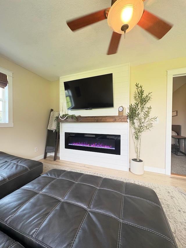 2812 150th St, Maxwell Twp, MN 56232 - living room with wood finished floors, a glass covered fireplace, and ceiling fan
