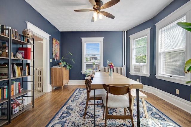 927 Central Ave W, Saint Paul, MN 55104 - dining room with a ceiling fan, radiator heating unit, and wood finished floors
