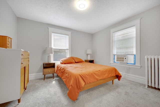 927 Central Ave W, Saint Paul, MN 55104 - bedroom with radiator, cooling unit, light colored carpet, and a textured ceiling