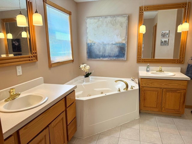 14158 185th Ave NE, Smiley Twp, MN 56701 - bathroom featuring two vanities, a jetted tub, and tile patterned floors