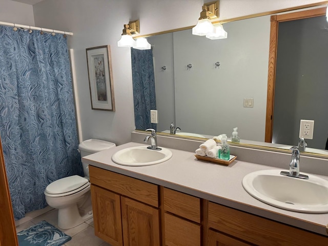14158 185th Ave NE, Smiley Twp, MN 56701 - bathroom with double vanity, tile patterned floors, and a shower with shower curtain