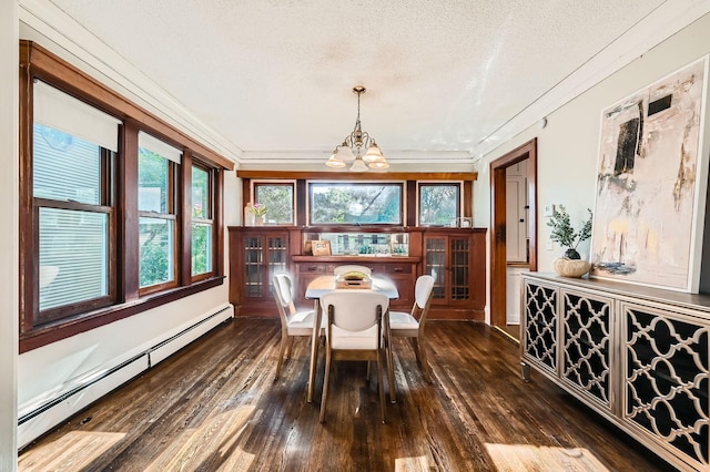 983 18th Ave SE, Minneapolis, MN 55414 - dining space with baseboard heating, a chandelier, dark wood finished floors, a textured ceiling, and healthy amount of natural light