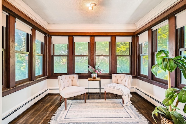 983 18th Ave SE, Minneapolis, MN 55414 - sunroom / solarium featuring a baseboard heating unit, hardwood / wood-style floors, ornamental molding, and a textured ceiling