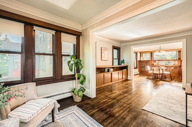 983 18th Ave SE, Minneapolis, MN 55414 - sitting room featuring ornamental molding, plenty of natural light, dark wood-style floors, a baseboard heating unit, and a textured ceiling