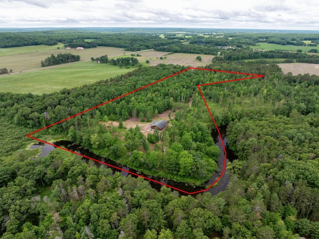 N5020 Red Pine Trl, Evergreen Twp, WI 54801 - overview of rural landscape with property parcel outlined and a forest