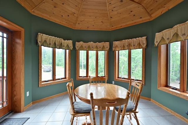 N5020 Red Pine Trl, Evergreen Twp, WI 54801 - dining room featuring healthy amount of natural light, light tile patterned floors, lofted ceiling, and wood ceiling