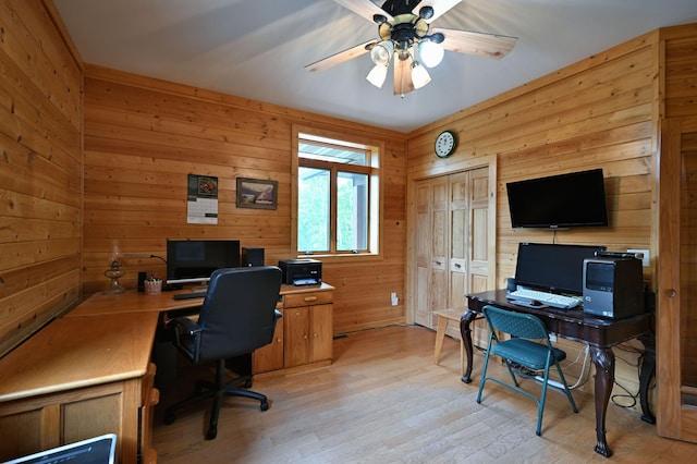 N5020 Red Pine Trl, Evergreen Twp, WI 54801 - office with a ceiling fan, wood walls, and light wood finished floors
