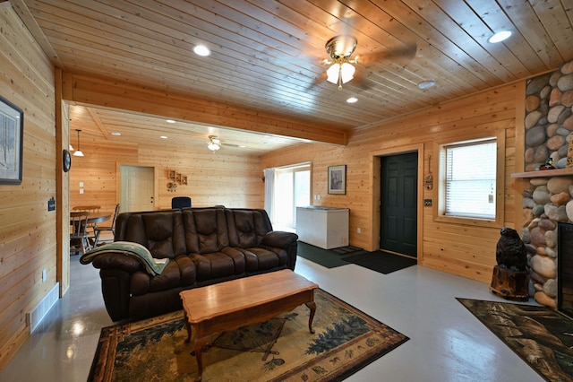 N5020 Red Pine Trl, Evergreen Twp, WI 54801 - living room with concrete floors, a ceiling fan, recessed lighting, wood walls, and wooden ceiling