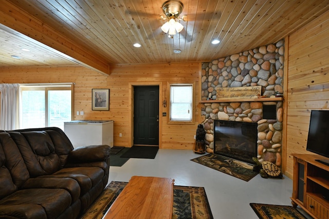 N5020 Red Pine Trl, Evergreen Twp, WI 54801 - living area featuring finished concrete flooring, recessed lighting, wooden ceiling, a ceiling fan, and wood walls