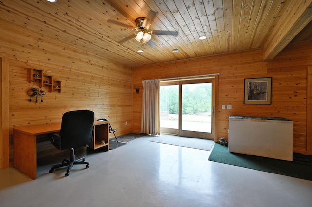 N5020 Red Pine Trl, Evergreen Twp, WI 54801 - home office with concrete floors, wooden ceiling, ceiling fan, wooden walls, and recessed lighting