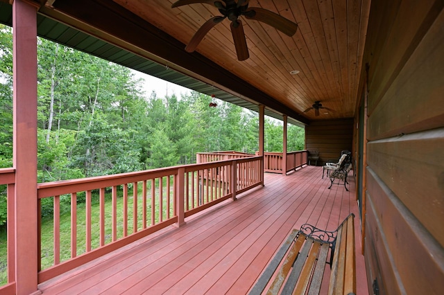 N5020 Red Pine Trl, Evergreen Twp, WI 54801 - deck featuring ceiling fan and a wooded view