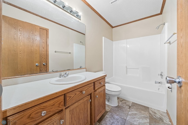 2812 Wheatland Dr S, Fargo, ND 58103 - bathroom with crown molding, vanity,  shower combination, stone finish flooring, and a textured ceiling