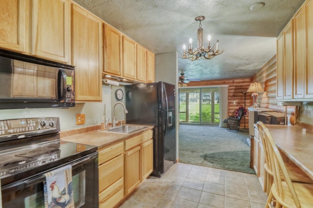 315 Park Lake Blvd Unit 104, Detroit Lakes, MN 56501 - kitchen with black appliances, light brown cabinets, light carpet, rustic walls, and a chandelier