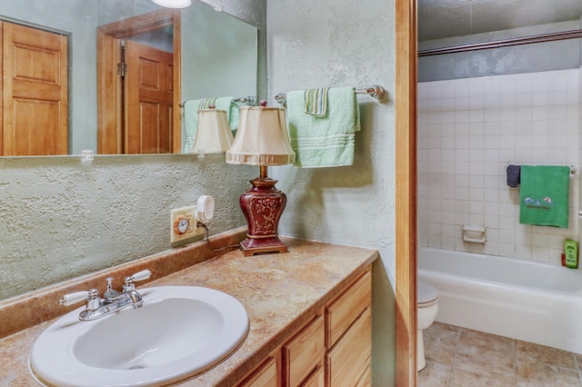315 Park Lake Blvd Unit 104, Detroit Lakes, MN 56501 - bathroom featuring a textured wall, vanity, tile patterned floors, and shower / washtub combination