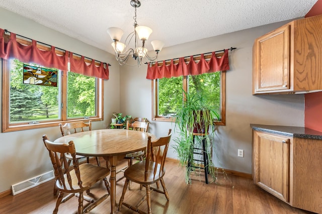 39123 Kc Dr, Homer Twp, MN 55987 - dining space featuring wood finished floors, a chandelier, plenty of natural light, and a textured ceiling
