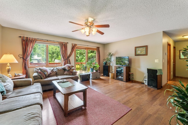 39123 Kc Dr, Homer Twp, MN 55987 - living area featuring wood finished floors, ceiling fan, a textured ceiling, and a fireplace