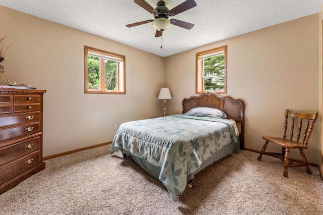 39123 Kc Dr, Homer Twp, MN 55987 - bedroom featuring multiple windows, light colored carpet, a textured ceiling, and a ceiling fan