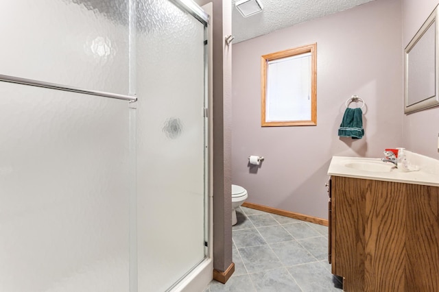 39123 Kc Dr, Homer Twp, MN 55987 - full bathroom featuring vanity, a stall shower, a textured ceiling, and tile patterned flooring