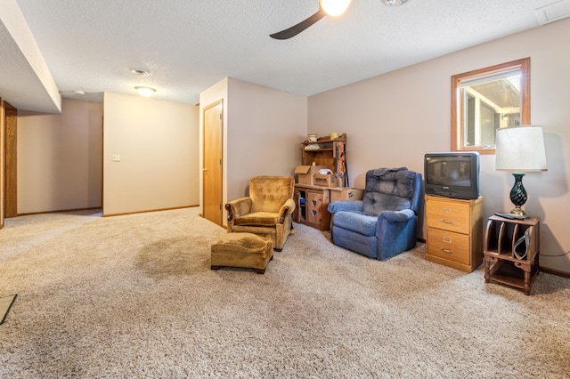 39123 Kc Dr, Homer Twp, MN 55987 - living area with carpet floors, a ceiling fan, and a textured ceiling