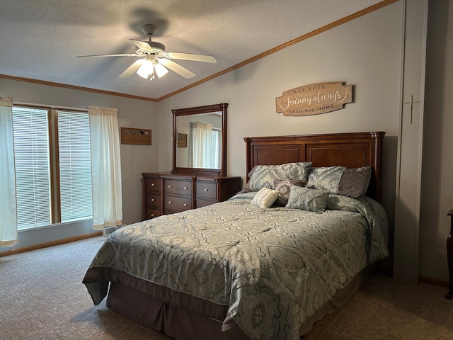 217 4th Ave SE, Pipestone, MN 56164 - bedroom featuring vaulted ceiling, carpet, ornamental molding, a textured ceiling, and ceiling fan