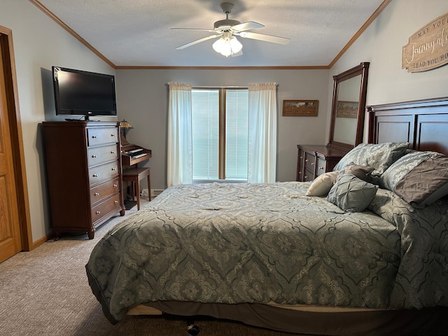 217 4th Ave SE, Pipestone, MN 56164 - carpeted bedroom featuring lofted ceiling, ornamental molding, a textured ceiling, and a ceiling fan