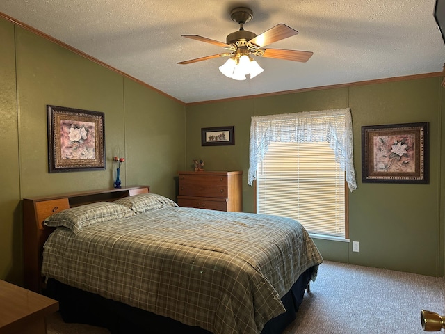 217 4th Ave SE, Pipestone, MN 56164 - carpeted bedroom featuring ornamental molding, lofted ceiling, a textured ceiling, and a ceiling fan