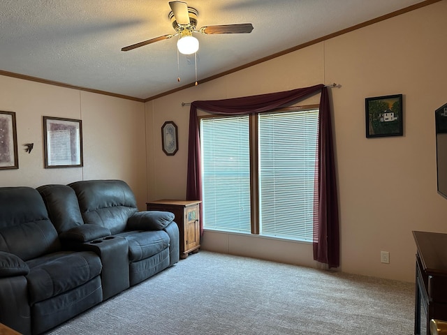 217 4th Ave SE, Pipestone, MN 56164 - living area with crown molding, carpet flooring, a ceiling fan, lofted ceiling, and plenty of natural light