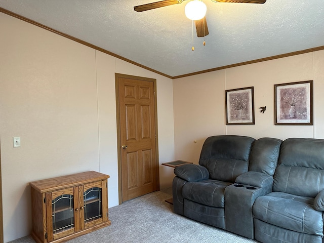 217 4th Ave SE, Pipestone, MN 56164 - carpeted living room with a ceiling fan, ornamental molding, vaulted ceiling, and a textured ceiling