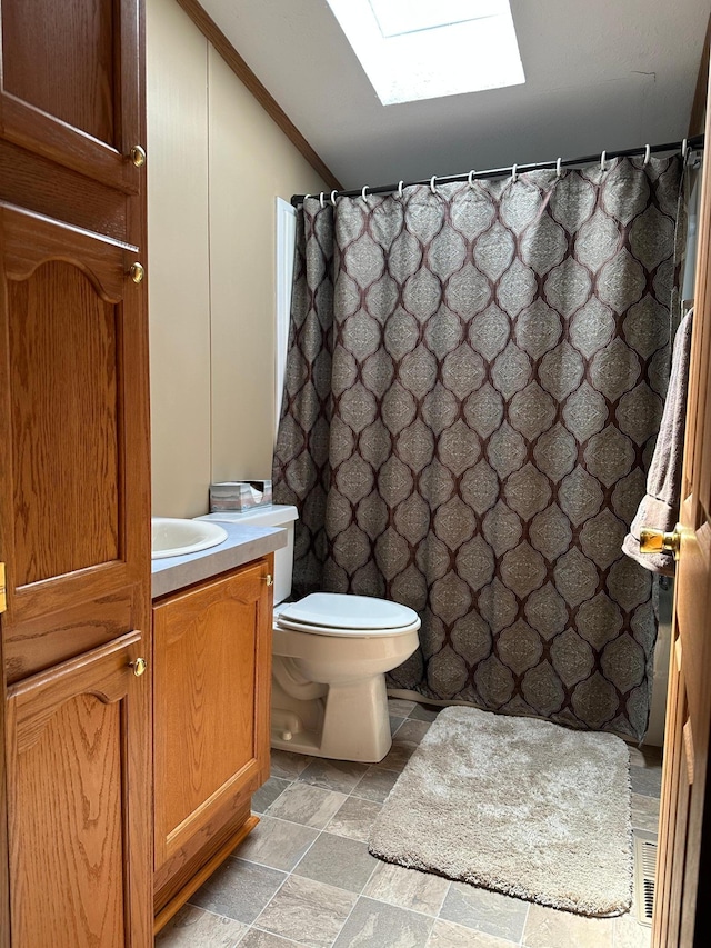 217 4th Ave SE, Pipestone, MN 56164 - bathroom featuring a skylight, vanity, stone finish flooring, and a shower with shower curtain