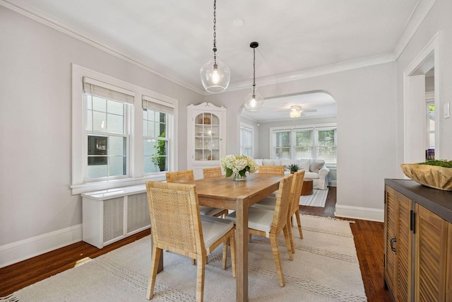 4510 Arden Ave, Edina, MN 55424 - dining space with crown molding, dark wood-style floors, arched walkways, and radiator