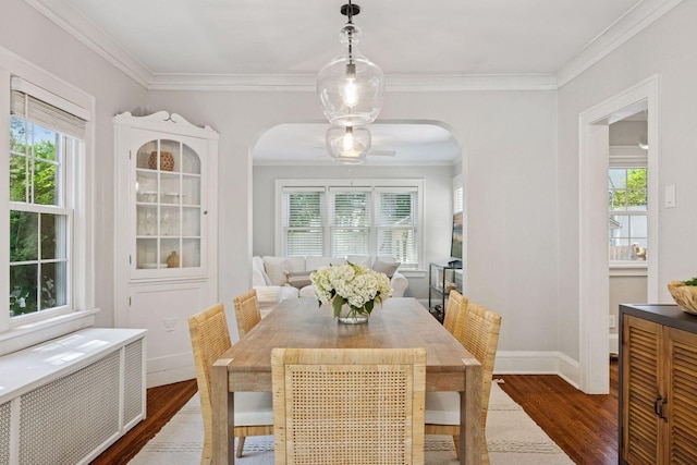 4510 Arden Ave, Edina, MN 55424 - dining room featuring radiator heating unit, dark wood finished floors, arched walkways, and ornamental molding
