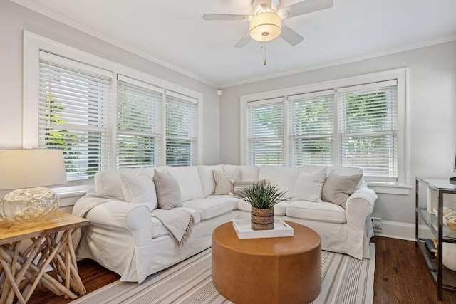 4510 Arden Ave, Edina, MN 55424 - living room featuring wood finished floors, crown molding, and a ceiling fan