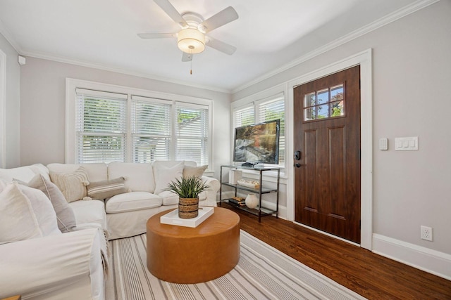 4510 Arden Ave, Edina, MN 55424 - living area featuring wood finished floors, crown molding, and ceiling fan
