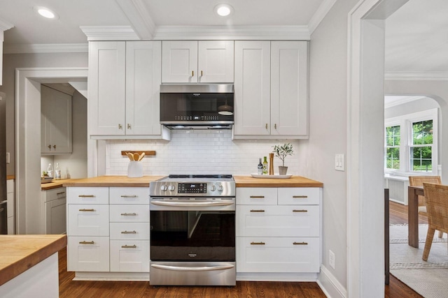 4510 Arden Ave, Edina, MN 55424 - kitchen with butcher block countertops, stainless steel appliances, crown molding, dark wood-style flooring, and decorative backsplash