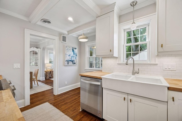 4510 Arden Ave, Edina, MN 55424 - kitchen with butcher block counters, dishwasher, crown molding, dark wood-style flooring, and tasteful backsplash