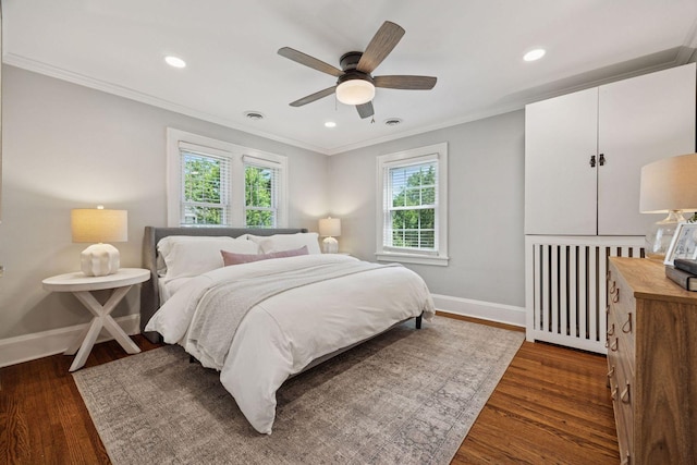 4510 Arden Ave, Edina, MN 55424 - bedroom with ornamental molding, wood finished floors, recessed lighting, and ceiling fan
