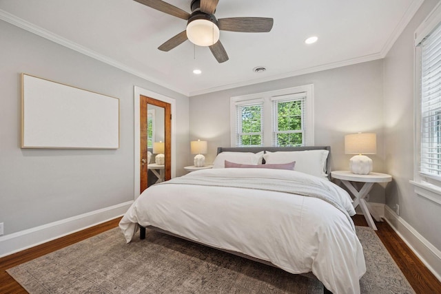 4510 Arden Ave, Edina, MN 55424 - bedroom with wood finished floors, multiple windows, crown molding, ceiling fan, and recessed lighting