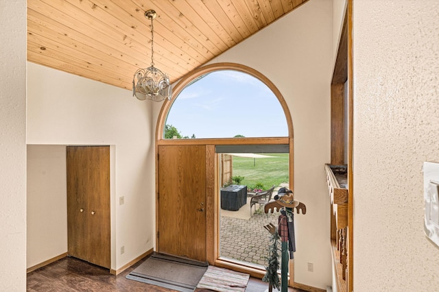 9614 Hayes Rd, Mountain Iron, MN 55768 - entryway featuring a chandelier, vaulted ceiling, wooden ceiling, and wood finished floors