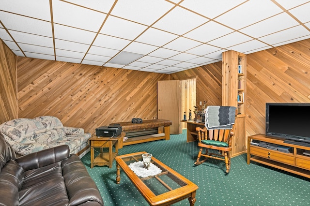 9614 Hayes Rd, Mountain Iron, MN 55768 - carpeted living room with wooden walls and a drop ceiling